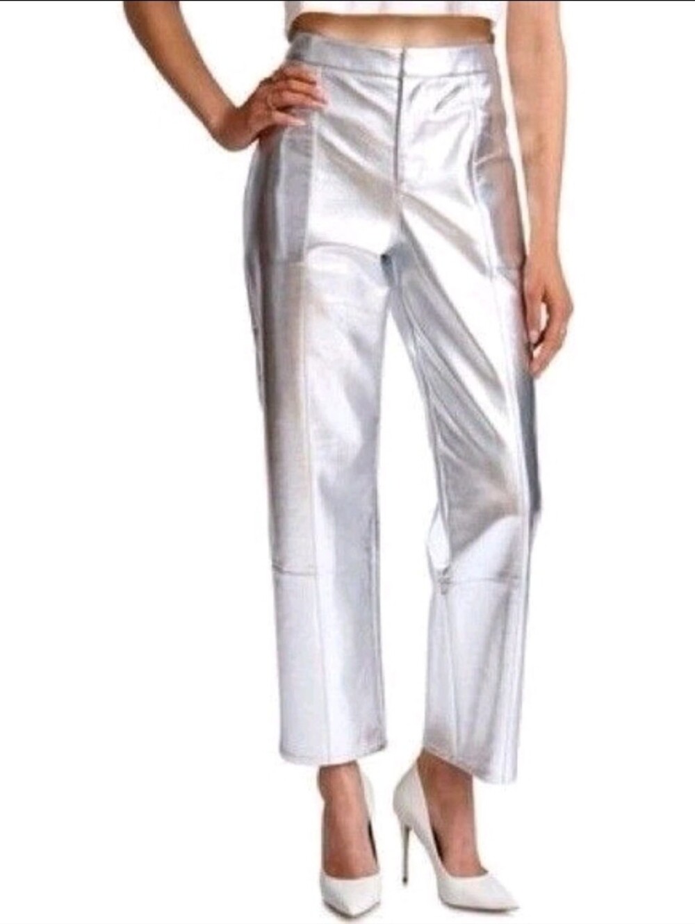 Women's Avec Les Filles Silver High-Waist Straight Leg Cropped Pants Size Large